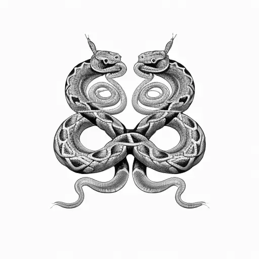 simetrical two snakes with heads apart leaving space between,  lower half of each intertwined in wide horizontal 8 shape tattoo design idea