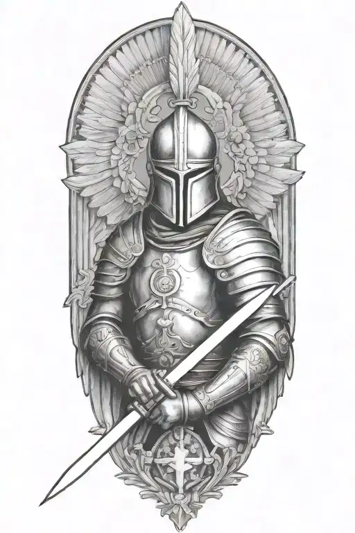 guardian angel wearing a roman soldier helmet, holding a sword with both hands tattoo design idea