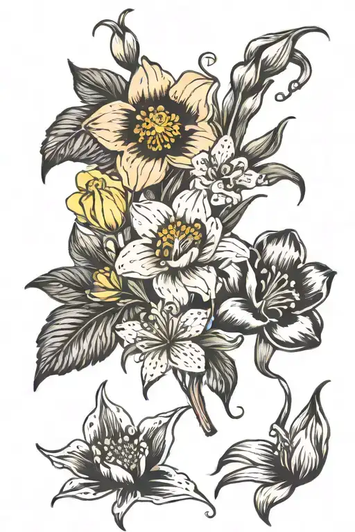 poppy, lilly of the valley, water lilly, daffodil, cosmo flowers tattoo design idea