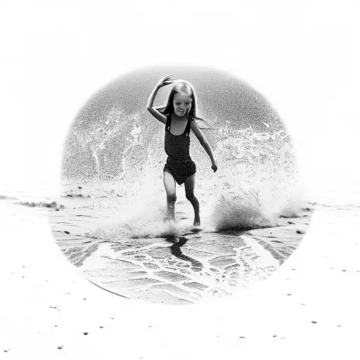 sight of a drone capturing a tiny girl walking through the sand and the waves are coming in her foot tattoo design idea