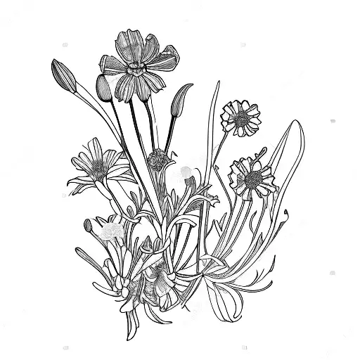 A composition of various flowers including cosmos marigold roses lily of the valley aster gladiolus  tattoo design idea