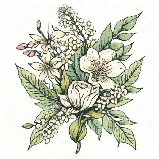 gum leaf boquet with australian native flowers intertwined tattoo design idea