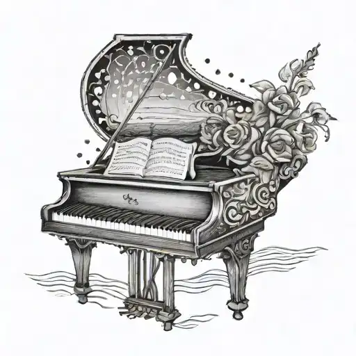A row boat and a piano intertwined, with the dates 08,02,2024 and 20,04,2011 subtly hidden within the design tattoo design idea