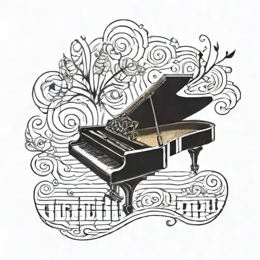 A row boat sailing on a piano keyboard, with the dates 08,02,2024 and 20,04,2011 integrated into the design tattoo design idea