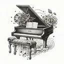 A row boat and a piano intertwined, with the dates 08,02,2024 and 20,04,2011 subtly hidden within the design tattoo design idea
