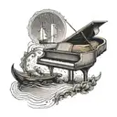 A row boat and a piano intertwined, with the dates 08,02,2024 and 20,04,2011 subtly hidden within the design tattoo design idea