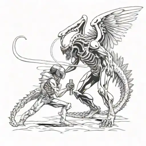 angel battling XENOMOrph tattoo design idea