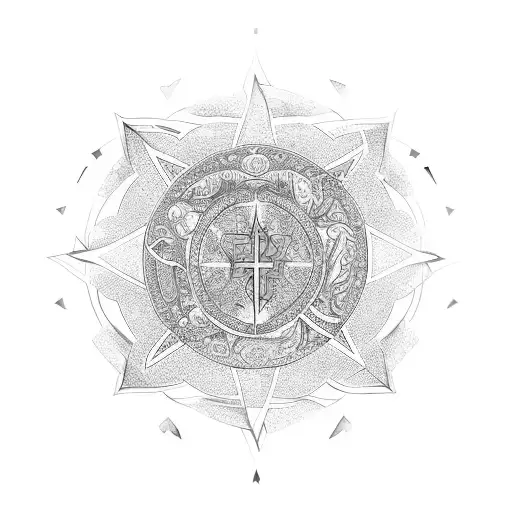 triada in the form of lily with 3 main religions symbols in the corners: cross, halfmoon and Buddhists letters. red hear tattoo design idea