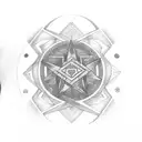 triada in the form of lilywith 3 main religions symbols. cross, halfmoon and Buddhists letters. red heart in the center. tattoo design idea