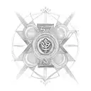 triada in the form of lilywith 3 main religions symbols. cross, halfmoon and Buddhists letters. red heart in the center. tattoo design idea