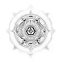 triada in the form of lilywith 3 main religions symbols. cross, halfmoon and Buddhists letters. red heart in the center. tattoo design idea