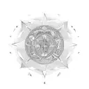 triada in the form of lily with 3 main religions symbols in the corners: cross, halfmoon and Buddhists letters. red hear tattoo design idea
