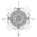 triada in the form of lily with 3 main religions symbols in the corners: cross, halfmoon and Buddhists letters. red hear tattoo design idea