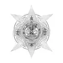 triada in the form of lily with 3 main religions symbols in the corners: cross, halfmoon and Buddhists letters. red hear tattoo design idea