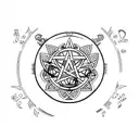 triada with 3 main religions symbols: cross, halfmoon and Buddhists letters. red heart in the center. tattoo design idea