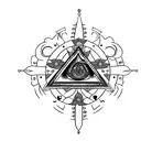 triada with 3 main religions symbols: cross, halfmoon and Buddhists letters. red heart in the center. tattoo design idea