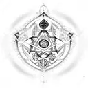 triada with 3 main religions symbols: cross, halfmoon and Buddhists letters. red heart in the center. tattoo design idea