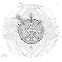 triada with 3 main religions symbols: cross, halfmoon and Buddhists letters. red heart in the center. tattoo design idea