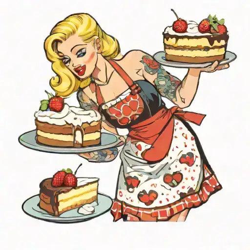 pin-up of blond woman wearing only an apron standing sideways holding a cheesecake with a slice cut out of it tattoo design idea