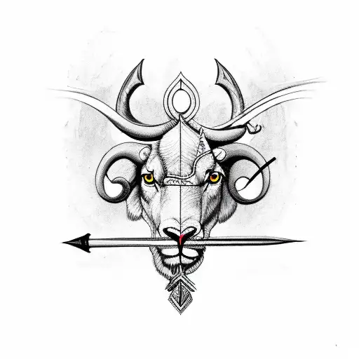 Aggresive looking bow, Ram and Krishna written beneath bowstring and an Arrow with trident Arrowhead. tattoo design idea