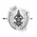 Aggresive looking bow, Ram and Krishna written beneath bowstring and an Arrow with trident Arrowhead. tattoo design idea