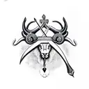Aggresive looking bow, Ram and Krishna written beneath bowstring and an Arrow with trident Arrowhead. tattoo design idea