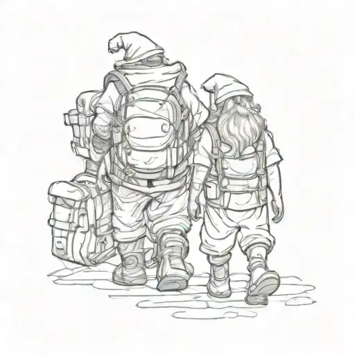 Two short round dwarfs with backpacks, one male one female, walking off down a road  tattoo design idea