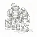 Two short round dwarfs with backpacks, one male one female, walking off down a road  tattoo design idea