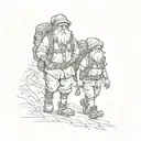 Two short round dwarfs with backpacks, one male one female, walking off down a road  tattoo design idea