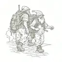 Two short round dwarfs with backpacks, one male one female, walking off down a road  tattoo design idea
