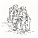 Two short round dwarfs with backpacks, one male one female, walking off down a road  tattoo design idea