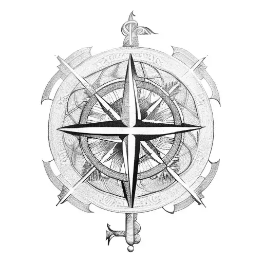 An intricate rowing oar intertwined with a compass rose tattoo design idea
