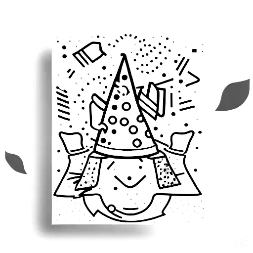 A minimalist tattoo of a party hat and confetti with a subtle chemistry flask hidden within the design tattoo design idea