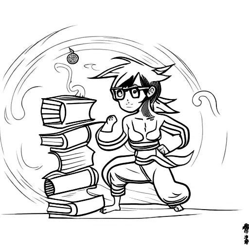 A manga-style tattoo of a teacher practicing Muay Thai on a beach, with books and anime elements in the background tattoo design idea