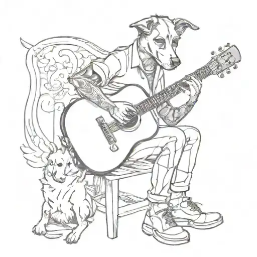 A sketch style tattoo of a student playing a guitar with a dog sitting at their feet tattoo design idea