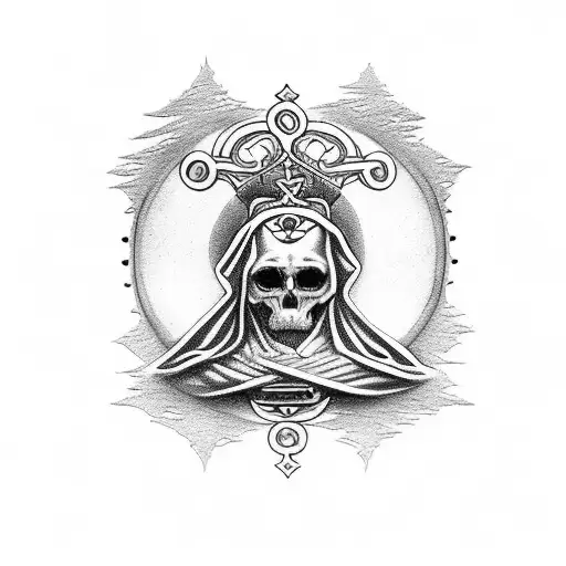 Dibuja una imagen de Cristo o un santo, con cara censurada, alas y cuernos de Diablo. Estilo satánico  tattoo design idea