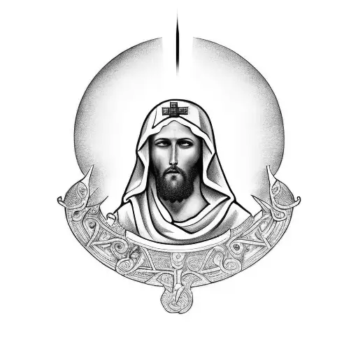 Dibuja una imagen de Cristo o un santo, con cara censurada, alas y cuernos de Diablo. Estilo satánico  tattoo design idea