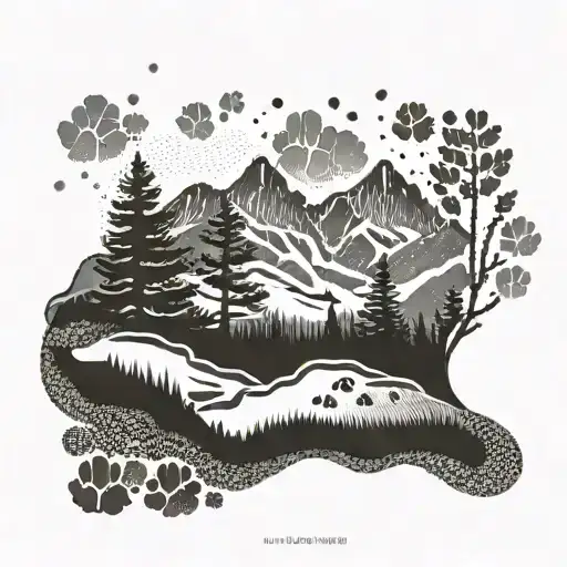 Dotwork pattern of paw prints leading up a mountain path with a subtle equation hidden within tattoo design idea