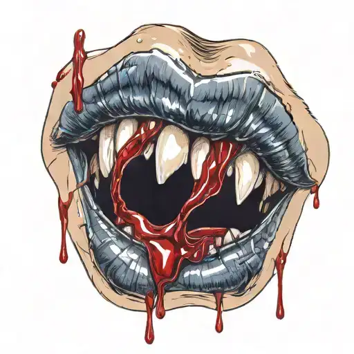 lips with vampire teeth and blood dripping tattoo design idea