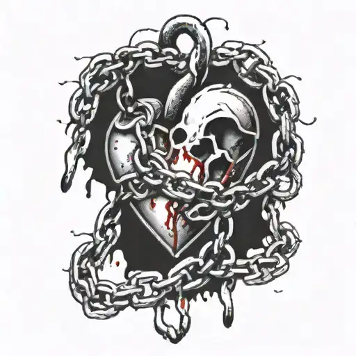 Heart in chains with blood stains on the chain tattoo design idea