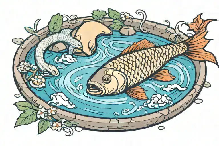 landscape: yin-yang shaped carp swimming in a stone bowl with a snake entwined around it. there's a tree nearby tattoo design idea