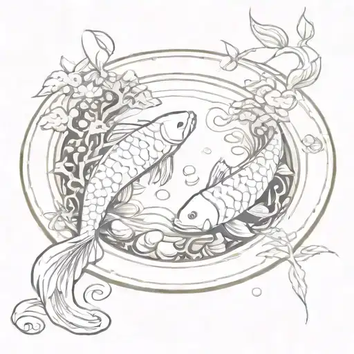 landscape: yin-yang shaped carp swimming in a stone bowl with a snake entwined around it. there's a tree nearby tattoo design idea