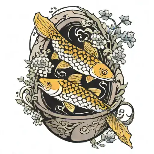 landscape: yin-yang shaped carp swimming in a stone bowl with a snake entwined around it. there's a tree nearby tattoo design idea