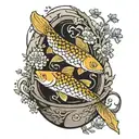 landscape: yin-yang shaped carp swimming in a stone bowl with a snake entwined around it. there's a tree nearby tattoo design idea