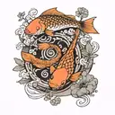 landscape: yin-yang shaped carp swimming in a stone bowl with a snake entwined around it. there's a tree nearby tattoo design idea
