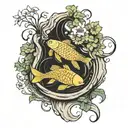 landscape: yin-yang shaped carp swimming in a stone bowl with a snake entwined around it. there's a tree nearby tattoo design idea