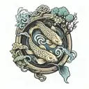 landscape: yin-yang shaped carp swimming in a stone bowl with a snake entwined around it. there's a tree nearby tattoo design idea