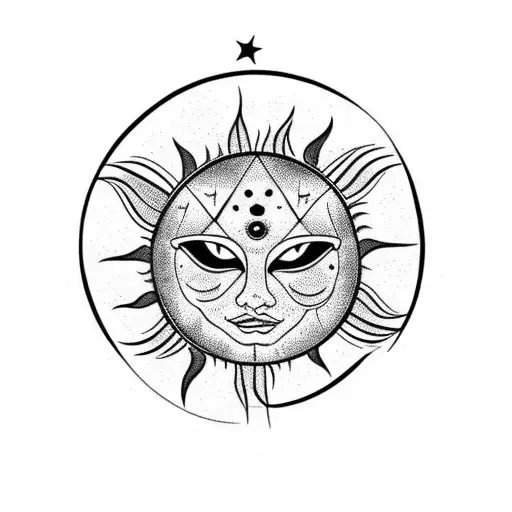 sun cat with a human body that has stars covering its private areas tattoo design idea