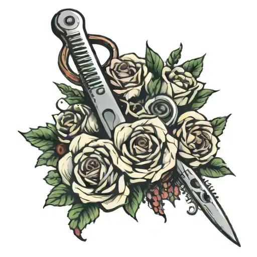 flower bouquet with hair shears cutting hair tattoo design idea