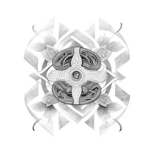 An abstract blackwork tattoo depicting the transformative journey of ayahuasca, with motorcycle gears merging into plant motifs tattoo design idea